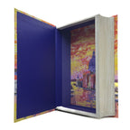 Open book box with colourful cityscape illustration on a white background