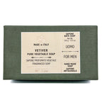 Saponerie Mario Fissi box of Vetiver pure vegetable soap for men, made in Italy, on a white background
