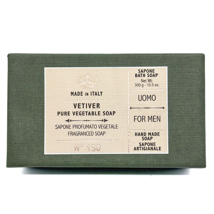 Saponerie Mario Fissi box of Vetiver pure vegetable soap for men, made in Italy, on a white background