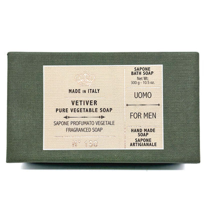 Saponerie Mario Fissi box of Vetiver pure vegetable soap for men, made in Italy, on a white background