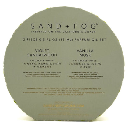 Sand + Fog 2-piece perfume oil set packaging with fragrance notes on a white background