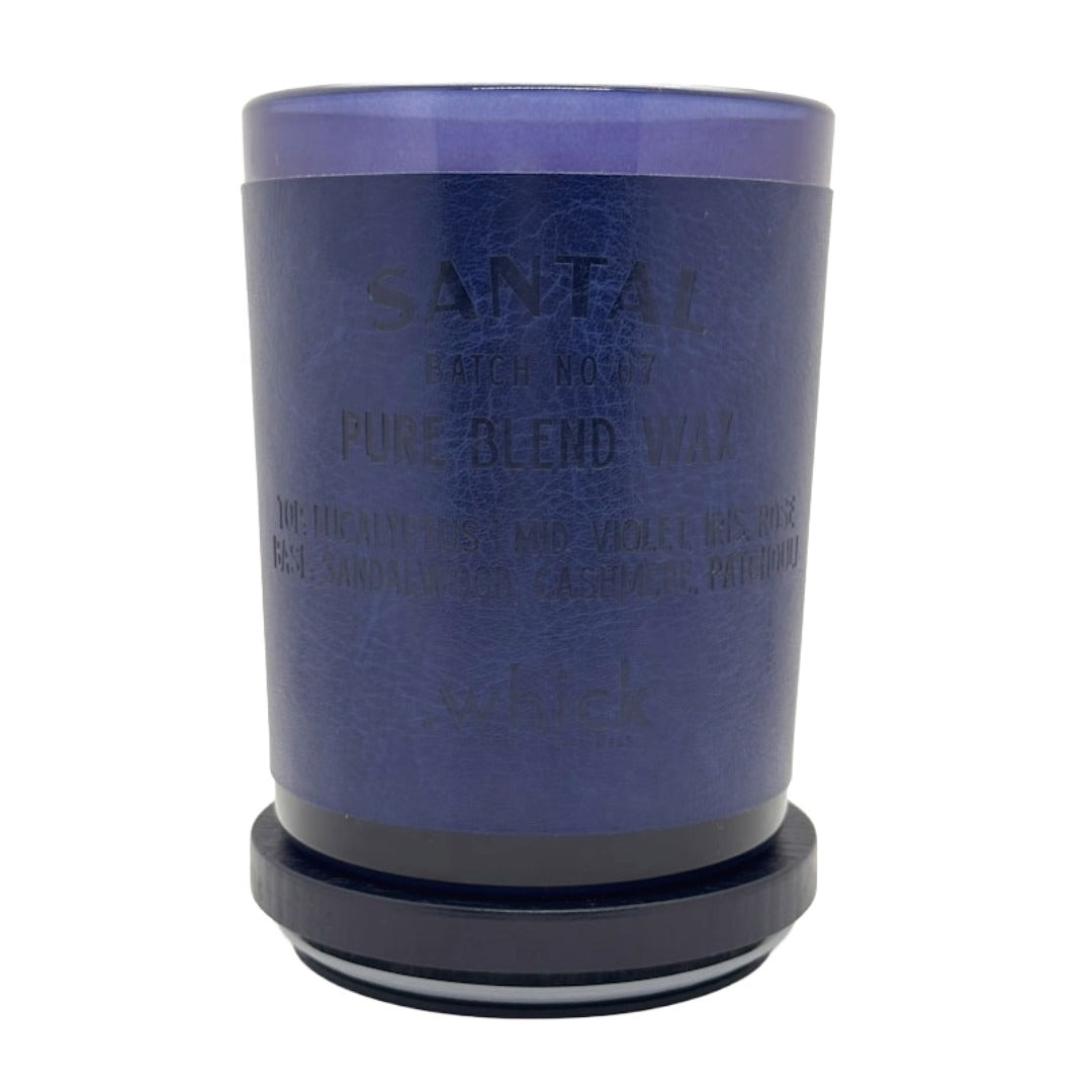Blue SANTAL candle container on a white background