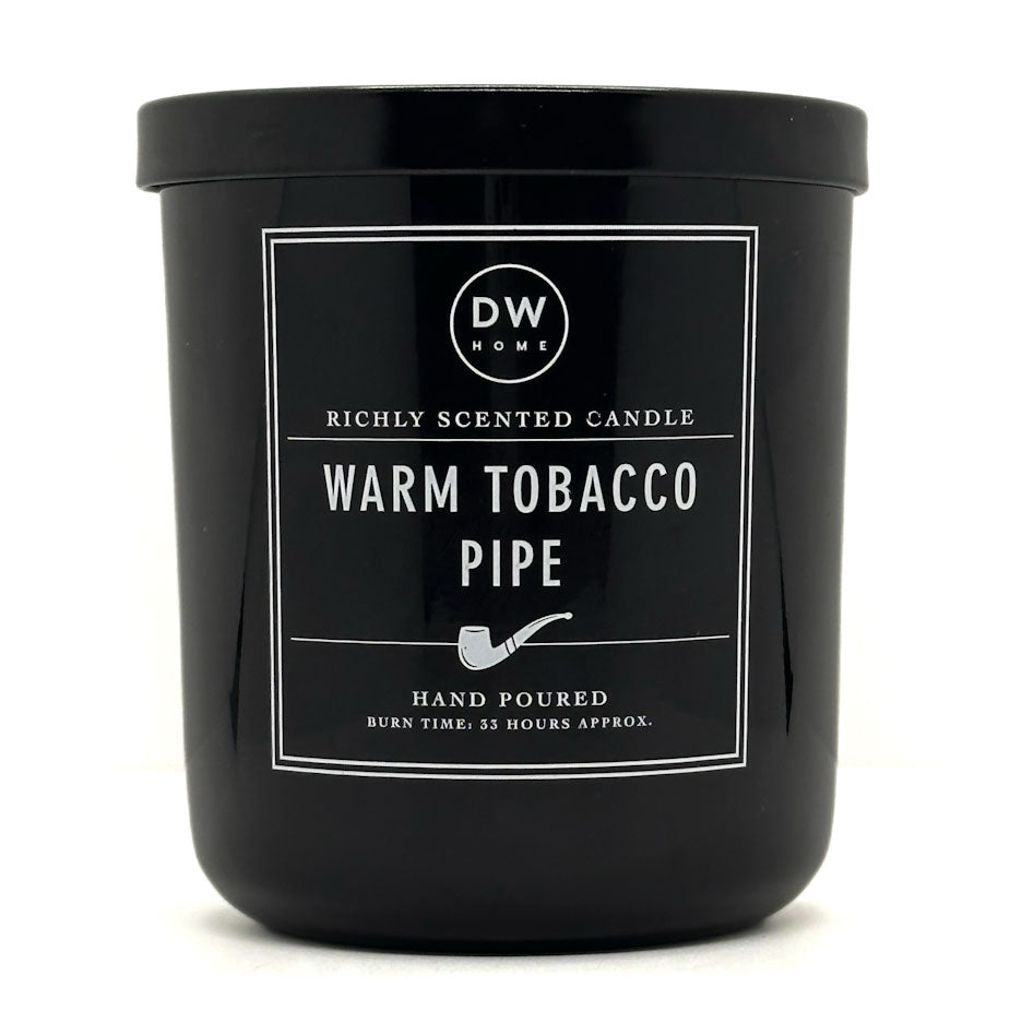 Warm Tobacco Pipe black candle jar with 'DW Home' label on a white background