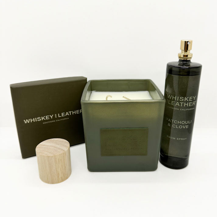 WHISKEY AND LEATHER Duo - Patchouli & Clove Scented Candle and Room Spray