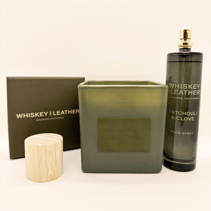 WHISKEY AND LEATHER Duo - Patchouli & Clove Scented Candle and Room Spray