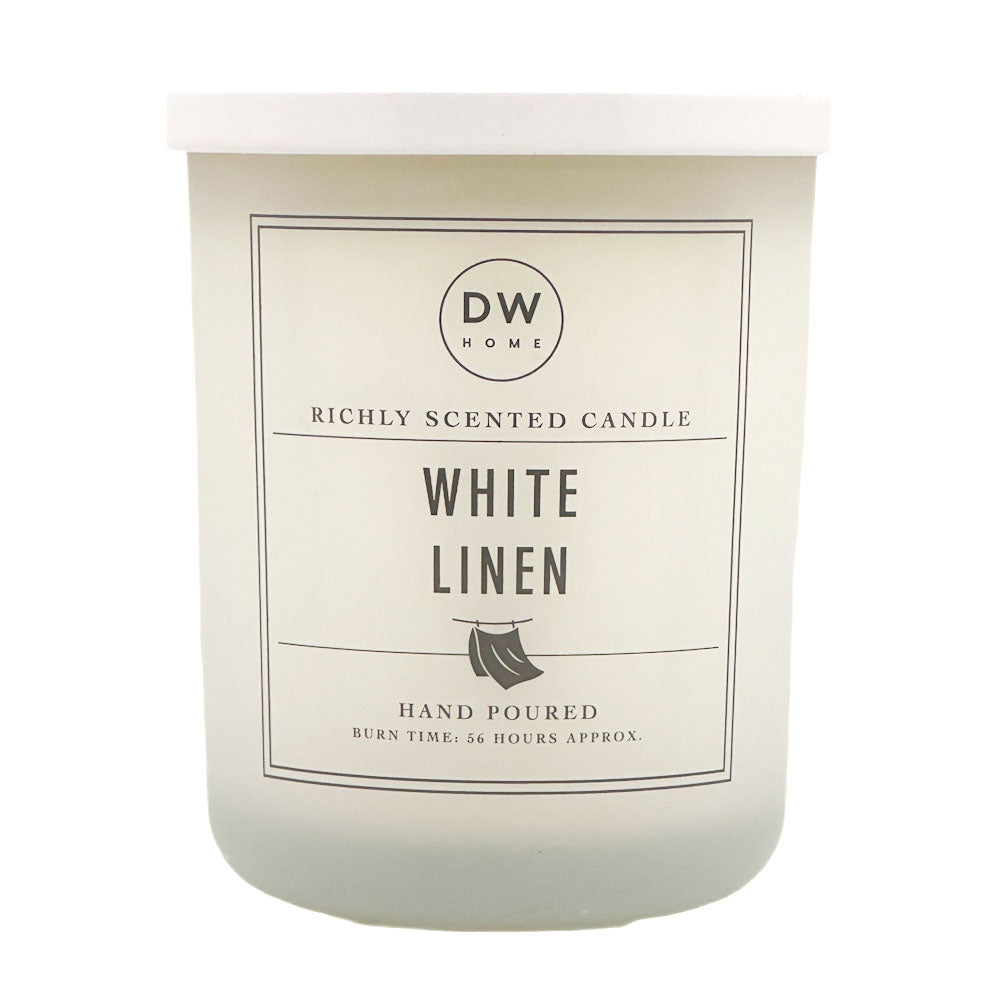 DW Home white linen scented candle with a label on a white background