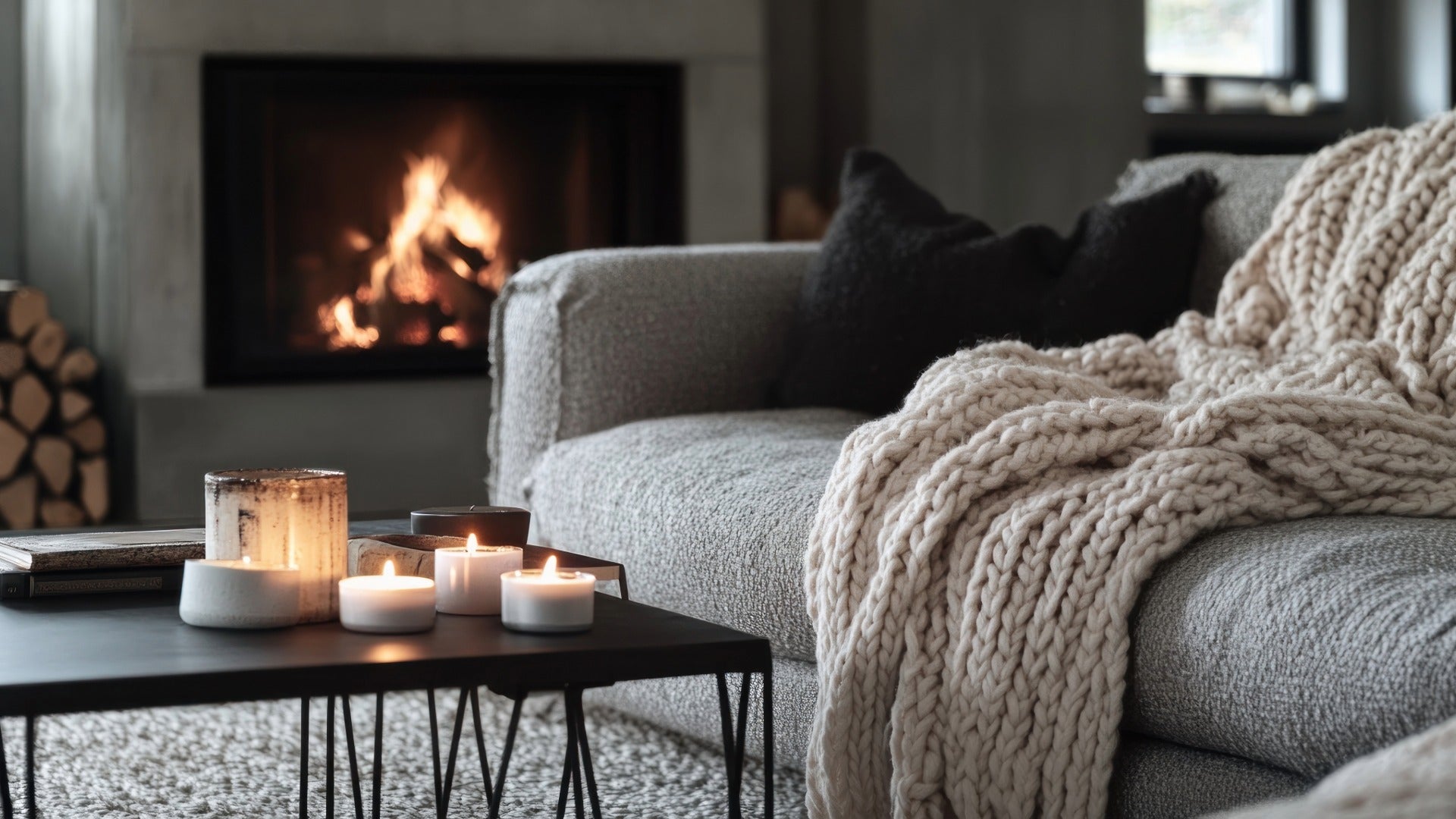 Cozy living room with a fireplace, candles on a coffee table, and a blanket draped over a sofa.