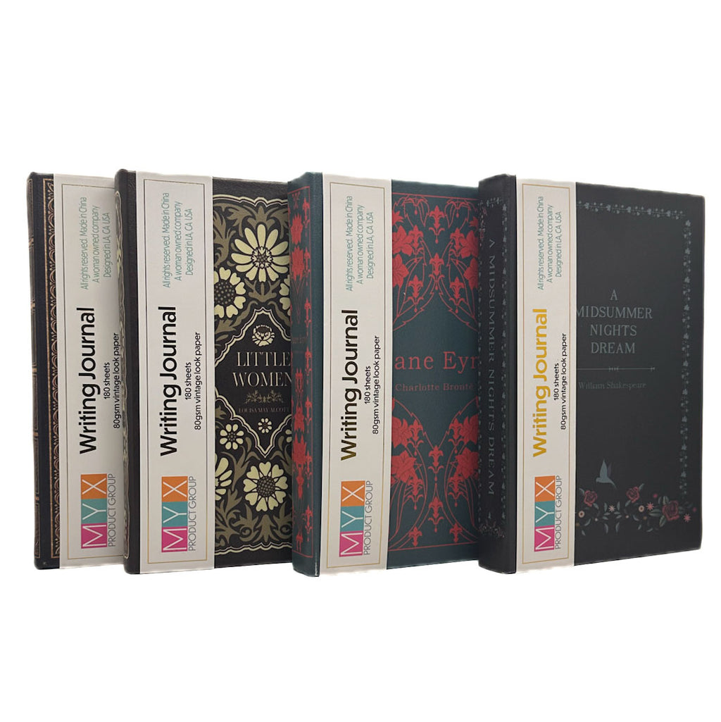 Collection of writing journals with various designs and titles on a white background