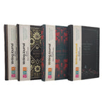 Collection of writing journals with various designs and titles on a white background