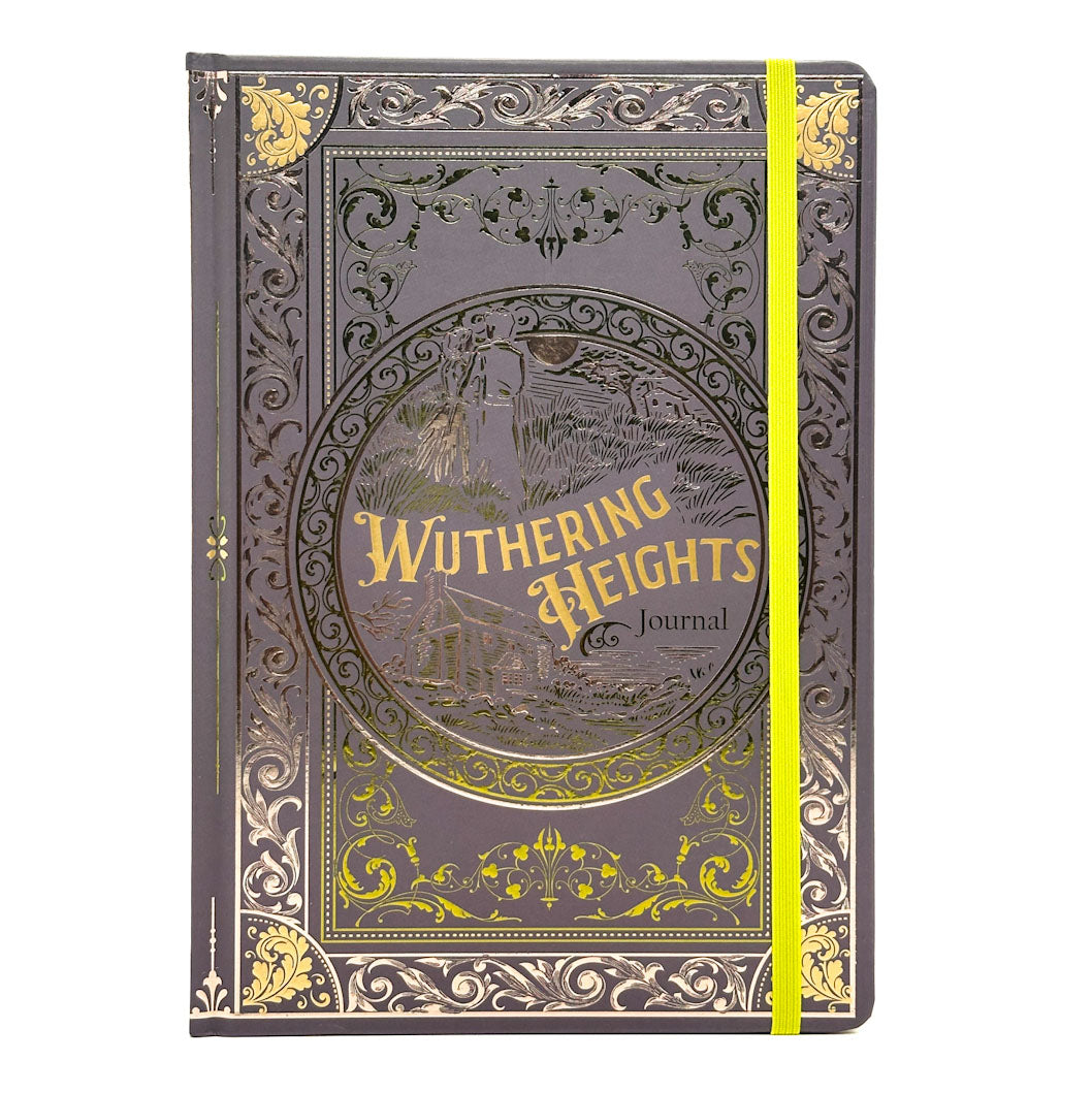 A hardcover journal titled 'Wuthering Heights Journal' with an ornate embossed cover in dark gray and gold, featuring a bright yellow elastic closure band, shown on a plain white background.