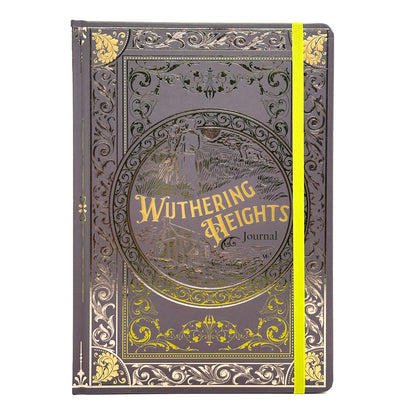 A hardcover journal titled 'Wuthering Heights Journal' with an ornate embossed cover in dark gray and gold, featuring a bright yellow elastic closure band, shown on a plain white background.