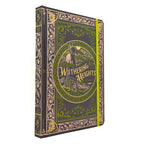 A hardcover notebook titled 'Wuthering Heights' with an ornate Victorian-style illustration on the cover, featuring a dark gray-brown background, gold and green decorative border, and a bright yellow-green elastic closure band.