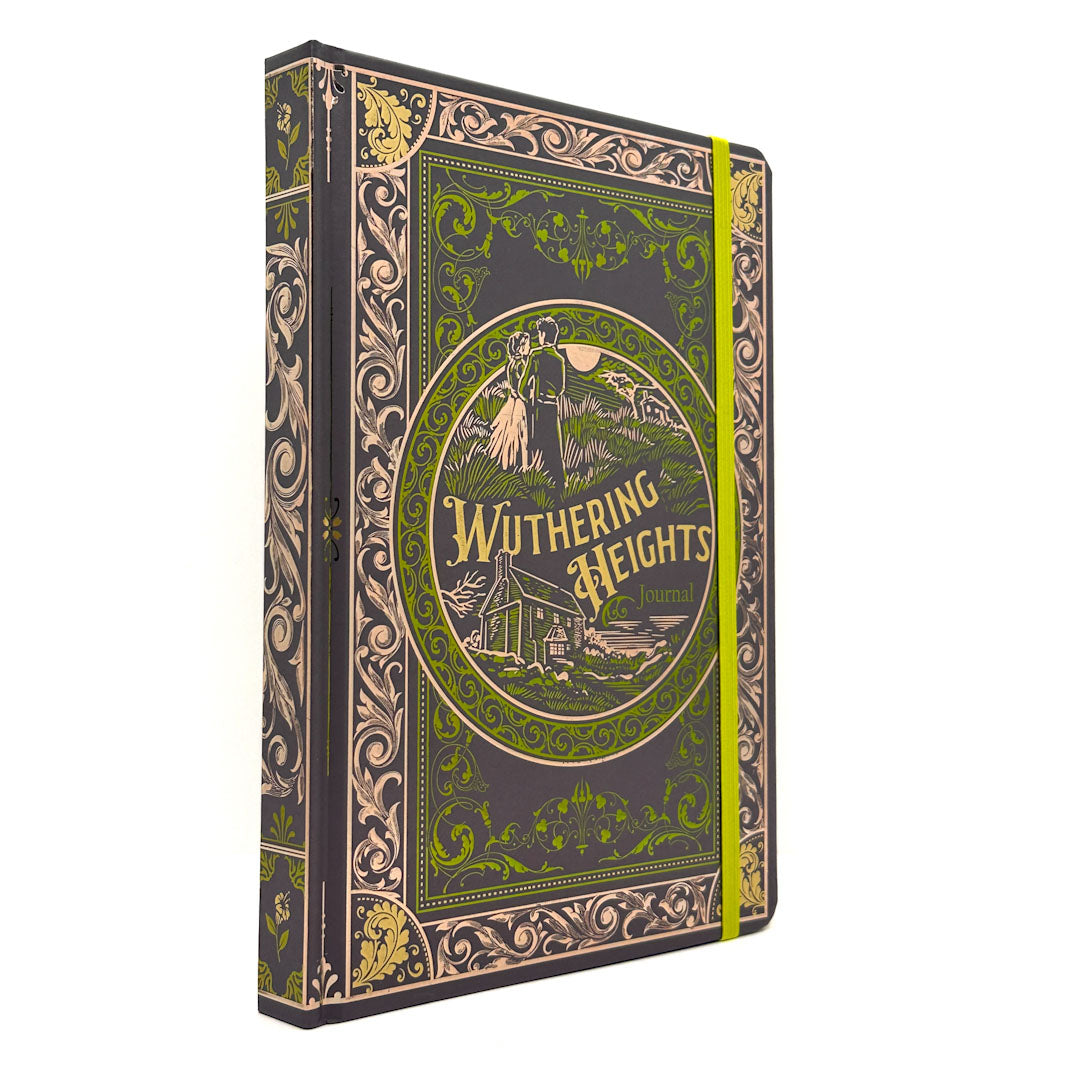 A hardcover notebook titled 'Wuthering Heights' with an ornate Victorian-style illustration on the cover, featuring a dark gray-brown background, gold and green decorative border, and a bright yellow-green elastic closure band.