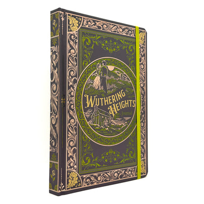 A hardcover notebook titled 'Wuthering Heights' with an ornate Victorian-style illustration on the cover, featuring a dark gray-brown background, gold and green decorative border, and a bright yellow-green elastic closure band.