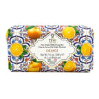 Zeni soap bar with decorative packaging featuring oranges on a white background