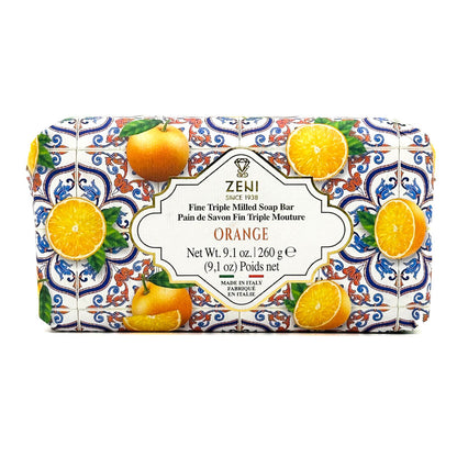 Zeni soap bar with decorative packaging featuring oranges on a white background