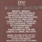 Product label with ZENI branding and ingredient list on a brown background