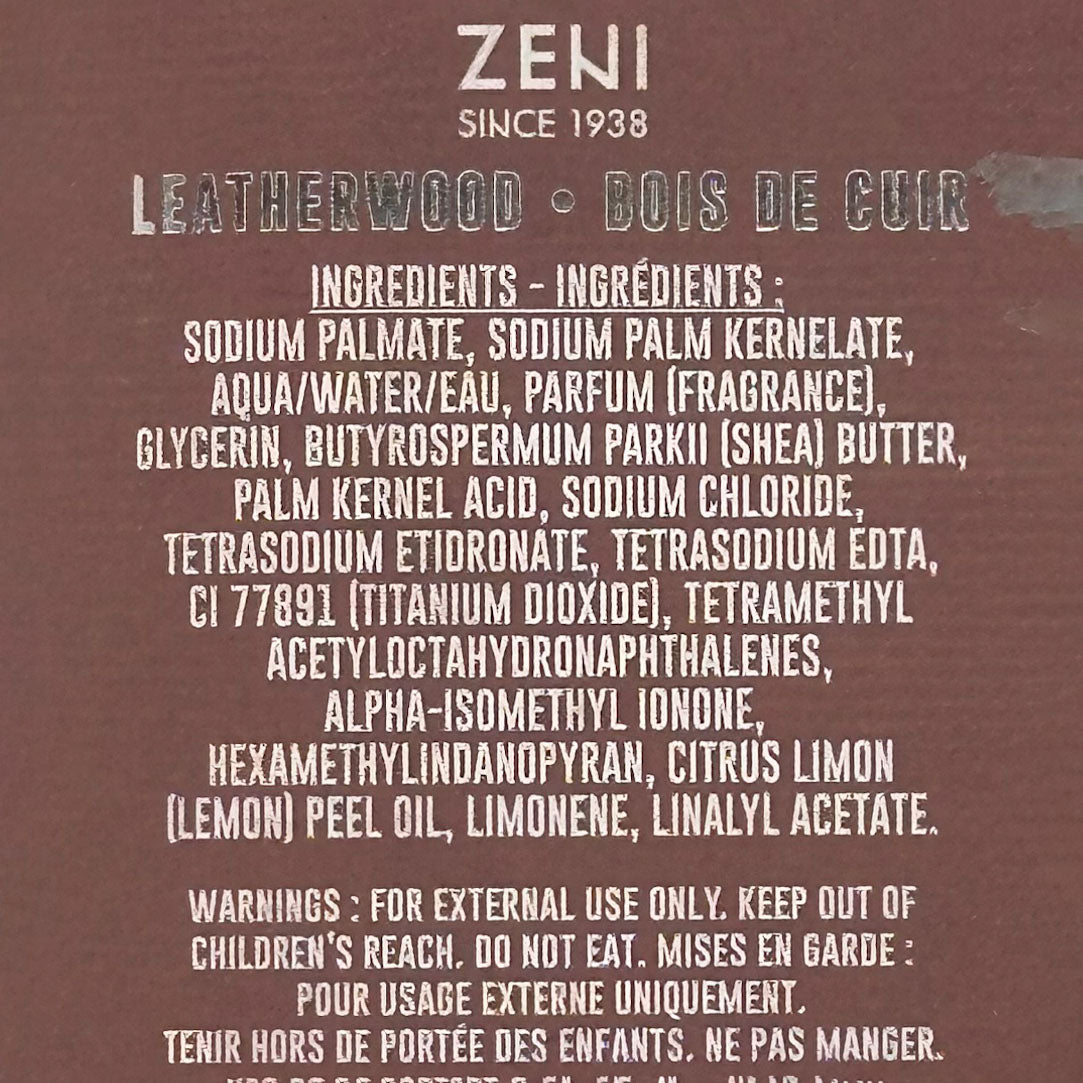 Product label with ZENI branding and ingredient list on a brown background