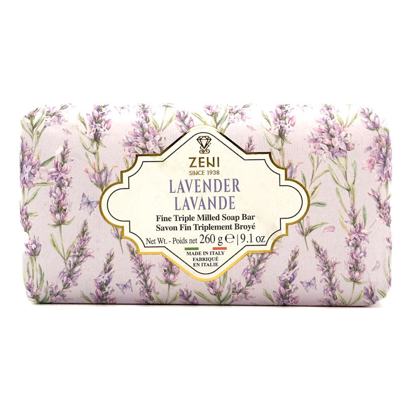 ZENI lavender soap bar with floral design on a white background