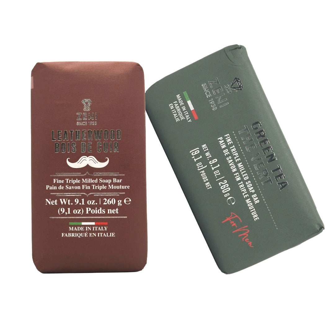 Two Zeni for men soap bars on a plain white background: a reddish-brown box labeled Bois de Coeur and a dark green box labeled Green Tea.