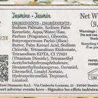 Product label with ingredients list and branding details on a floral background