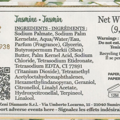 Product label with ingredients list and branding details on a floral background