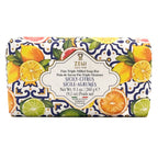 Zeni Sicily-Citrus fine triple milled soap bar wrapped in a white paper sleeve decorated with a blue pattern and illustrated with citrus fruits like oranges, lemons, and limes.