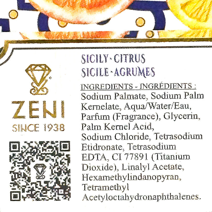 Close-up of a product label showing the brand ZENI, scent name Sicily-Citrus Sicile-Agrumes, ingredients list, a QR code, and citrus slice illustrations at the top.