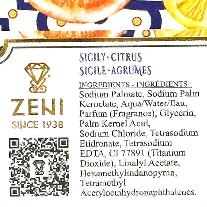 Close-up of a product label showing the brand ZENI, scent name Sicily-Citrus Sicile-Agrumes, ingredients list, a QR code, and citrus slice illustrations at the top.