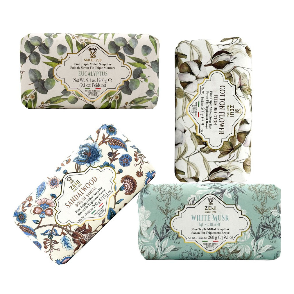Zeni Italian triple milled soap bars with floral packaging on a white background