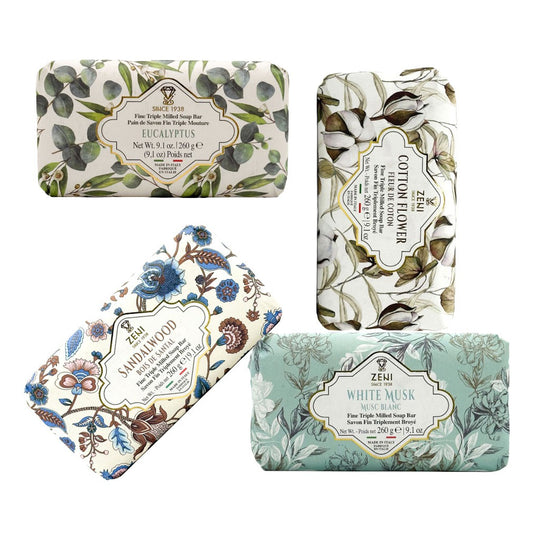 Zeni Italian triple milled soap bars with floral packaging on a white background
