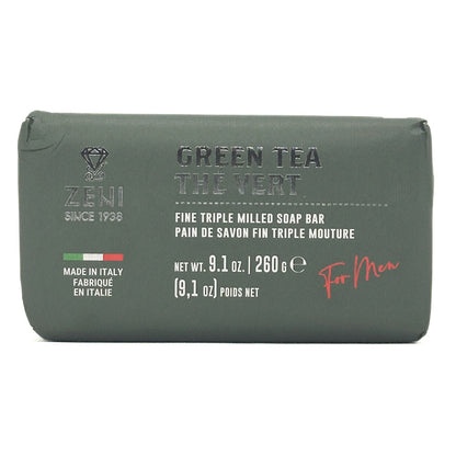 A rectangular bar of Zeni Green Tea The Vert soap bar in an olive green wrapper, featuring white and red text on a white background.