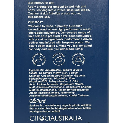 The back of a blue Ciroa Australia hair care bottle, showing white text with directions of use, our story, ingredients, and certification logos including EcoPure.